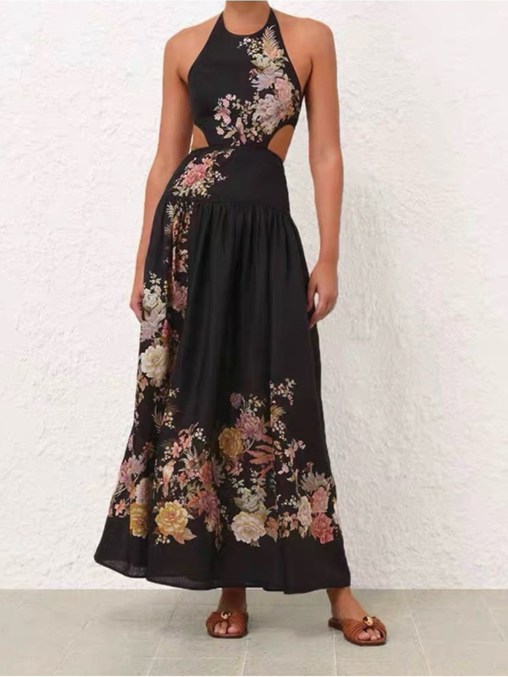 Zimmermann Black Floral Halter Cutout Maxi Dress